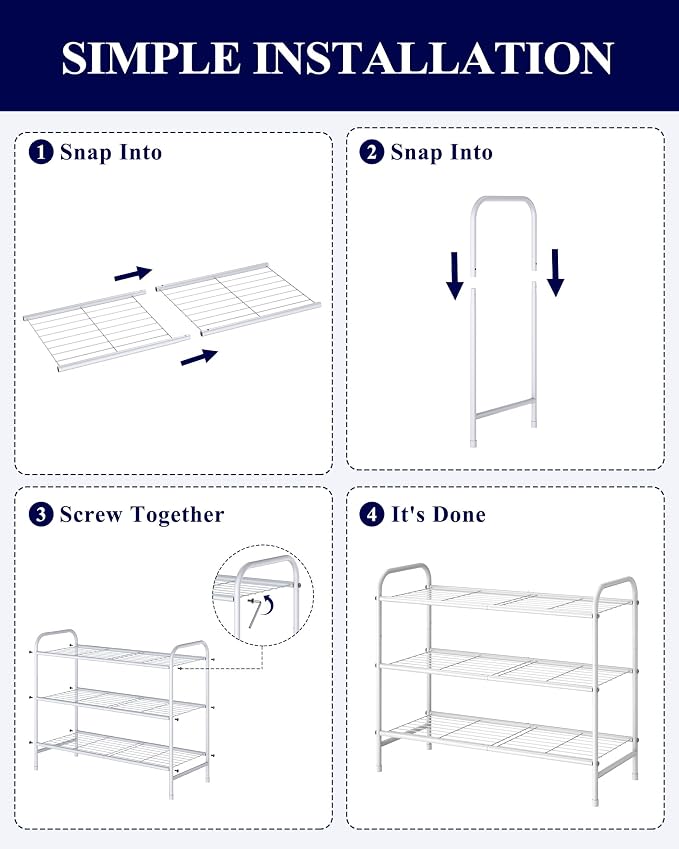 Kitsure Shoe Rack - Stainless Steel Shoe Organizer, Sturdy Shoe Rack for Closet and Front Door Entrance, Free Standing Shoe Shelf, Closet Organizers and Storage, 25.6" Wide - 3 Tier, White