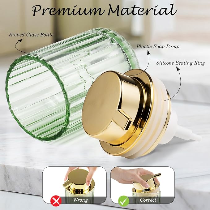 Amolliar Foaming Soap Dispenser, 8OZ Green Glass Soap Dispenser with Plastic Pump, Refillable Hand Soap Dispenser for Bathroom, Kitchen, Shower, Lotion, Dish Soap Dispenser, Home Decor, Gold 1 Pack