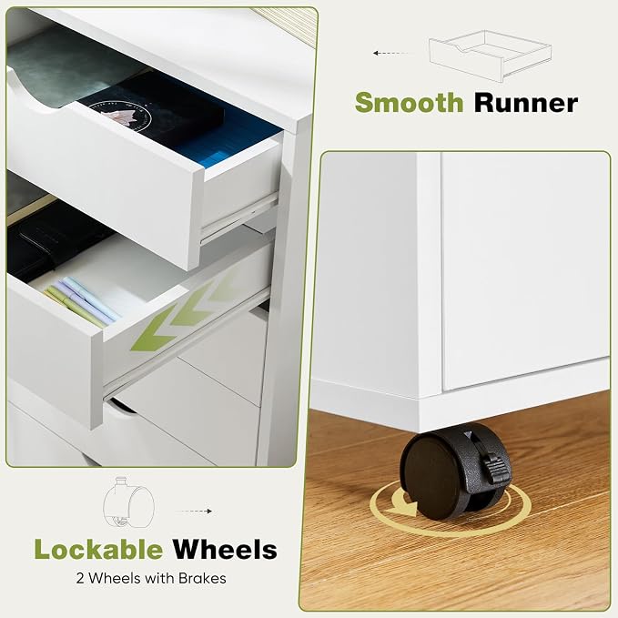 Sweetcrispy 7 Drawer Rolling Storage Cabinet, Wood Under Desk Mobile Dresser with Wheels, Small Organizer Chest for Home Office, Bedroom, Rolling Vertical Organizer for Home Office, White
