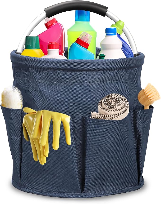 Qivine 17L Cleaning Caddy with Handle, Foldable Cleaning Supply Caddy(Blue) | Cleaning Caddy for Cleaning Supplies, Portable Cleaning Supplies Organizer with 6 Pockets, Cleaning Bucket for Kitchen Garden