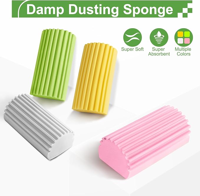 Jeymei 4-Pack Damp Clean Duster Sponge,Pink Damp Dusting Sponge,Duster Baseboard Cleaner Sponge with Ridges,Reusable Wet Duster Sponge,Household Cleaning Sponges for Blinds,Window Track Grooves