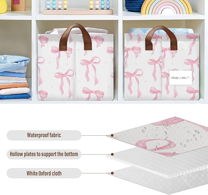 Preppy Pink Bow Storage Basket Cute Bowknot Foldable Cube Storage Bins with Handles&Labels Coquette Waterproof Collapsible Organizer Box Bin Large Decorative Baskets for Shelves Home Living Room