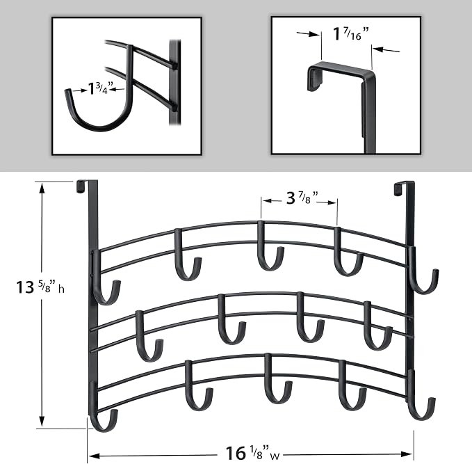 LYNK Professional® Home™ Over the Door Hooks - 14 Hook – Over the Door Coat Rack - Over the Door Hanger - Hanging Towels or Clothes - Bathroom, Bedroom, Laundry Room - Lifetime Ltd. Warranty, Black