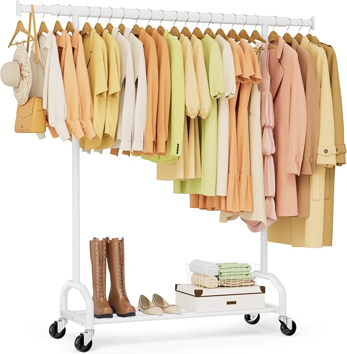 Heavy Duty Rolling Clothing Rack, 450 lbs Capacity Metal Clothes Rack with Wheels, 65" Tall Freestanding Hanging Rack for Bedroom, Laundry Room, Retail Display, White