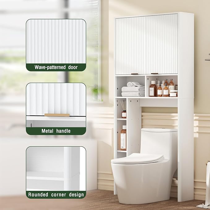 AKMAKM 31" W Over the Toilet Storage Cabinet with Fluted Door, White Bathroom Organizer with Adjustable Shelf, 67''H Tall Toilet Paper Holder Stand Wave Door for Restroom, Laundry Room
