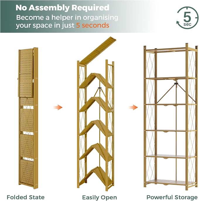 DEANIC 6-Shelf Folding Bookcase with Wheels, Heavy Duty Storage Shelves, Freestanding Metal Wire Shelving Unit for Living Room, Office, Kitchen, Basement, Pantry (Gold 2 Pack)