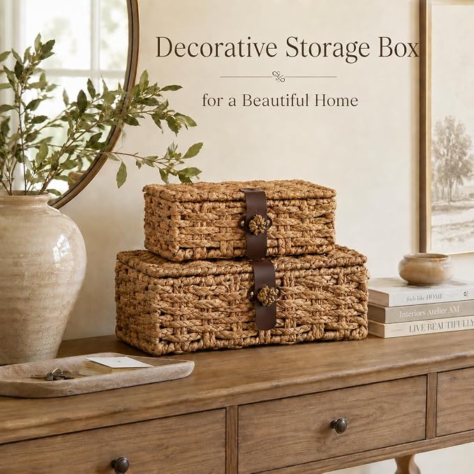 Set of 2 Decorative Box,Woven Storage Baskets with Lid, Water Hyacinth Decorative Boxes for Home Decor, Coffee Table,Entry Table,Mantle,Shelf