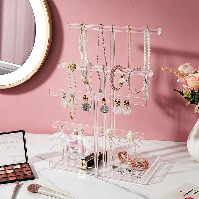 4-Tier Acrylic Jewelry Organizer Stand with Tray, 14.5" Tall Tangle-Free Clear Jewelry Display Holder for Hanging Large Necklace Bracelets Earring, Tower Tray Storage for Rings Watch Perfum