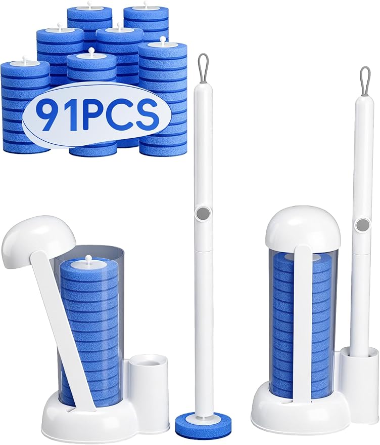 Disposable Toilet Brush System, Toilet Bowl Cleaning Wand with Lift-to-Open Refill Case, Blue Refill Heads and Freestanding Holder, 2 Wand and Holder Sets with 91 Blue Refills