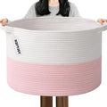 115L Extra Large Pink Woven Cotton Rope Basket with Handles, Kids Nursery Laundry Hamper for Toys, Blankets, Pillows & Comforters, Cute Storage Bin for Bedroom & Playroom