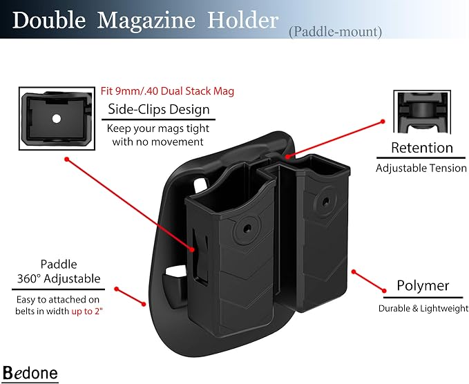 Universal Double Magazine Holster Pouch fit 9mm .40 .45 Pistol Gun Mags | Adjustable Retention Mag Holder for Glock, S&W, Ruger, Sig, Taurus, Beretta, Springfield and More Similar-Size Mags