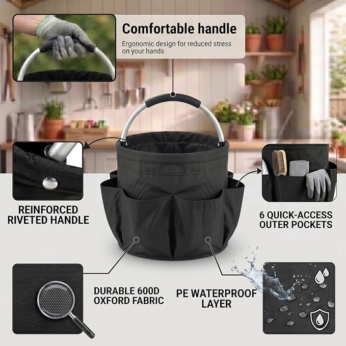 Foldable Cleaning Caddy with Handle 17L Large Cleaning Supplies Organizer 600D Oxford Portable Bucket Basket with 6 Pockets for Home Bathroom Garden Garage - Black