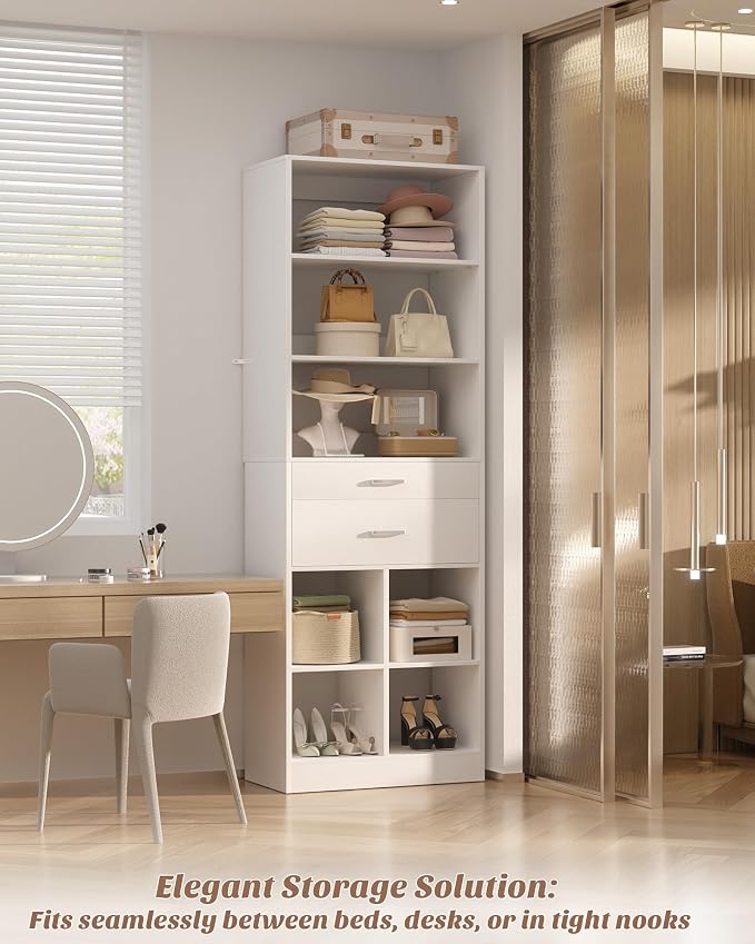 Besiost 22" Closet System with Drawers, Small Closet Organizer for Walk in Closet, Wardrobe Storage Unit with Storage and Shelves, White