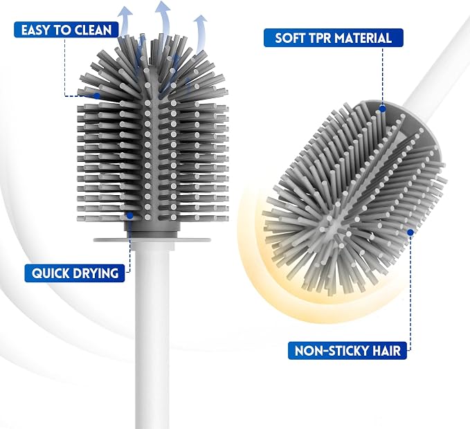 Y-in Hand 2 Pack Silicone Toilet Brush, Soft Toilet Bowl Brush Set for Deep Cleaning. Bathroom RV Accessories with Long Handle, Wall mountable. - White