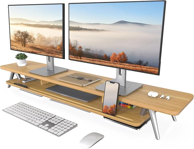 Fenge Dual Monitor Stand, Monitor Stands Riser for 2 monitors, 47.2 Inch Wood Desk Shelf with Storage Organizer and Cable Management for Office Desk Accessories