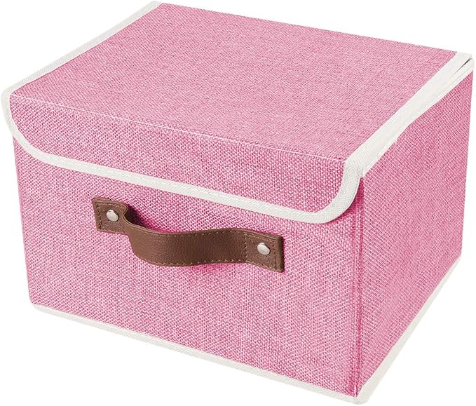 2Pack Storage Bins Boxes with Lids 10" x 8" x 7" Decorative Storage Baskets | Cotton Linen Fabric, Collapsible, Faux Leather Handles, Storage Cubes, Closet Shelf Clothes Organizer Container, Pink