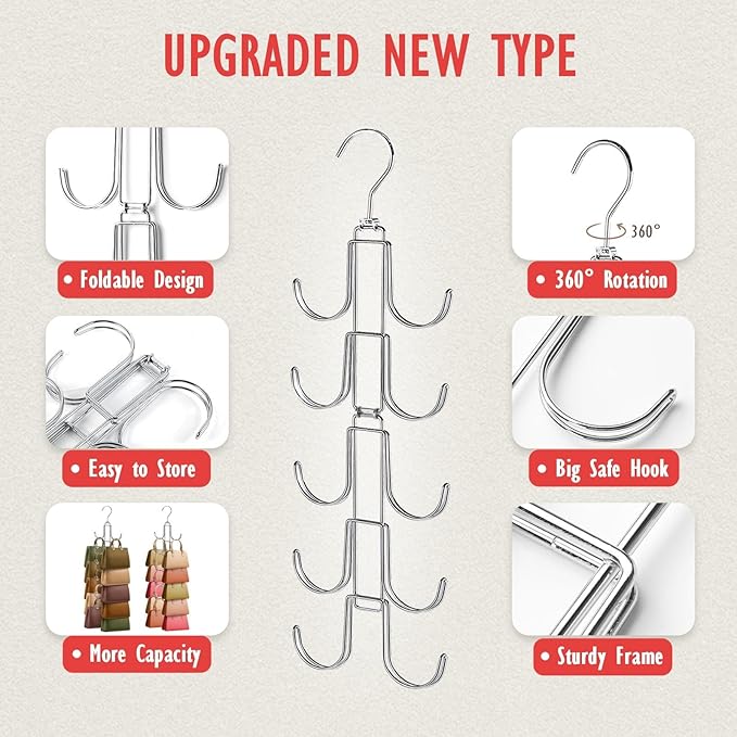 Purse Organizer for Closet, Upgraded Purse Hanger with 10 Big Hooks, 360 Degree Rotation for Better Organizer&Display, Collapsible Space Saving Hangers Rack for Handbag, Belt, Scarve, Tie