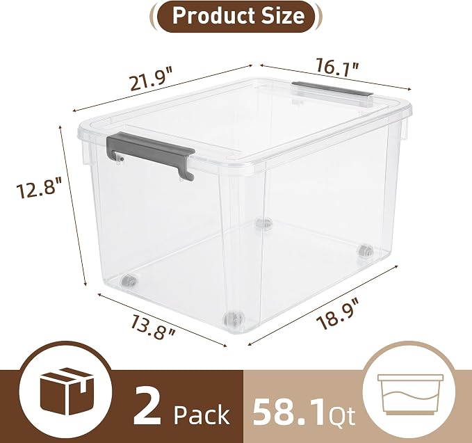 Citylife 58.1 QT Plastic Storage Bins with Latching Lids Stackable Storage Containers for Organizing Large Clear Storage Box for Garage, Closet, Classroom, Kitchen, 2 Packs