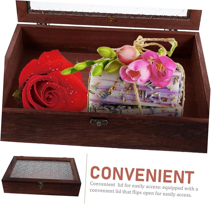 GLEAVI Vintage Wooden Storage Box with Glass Lid Elegant Organizer for Jewelry and Desktop Sundries Large Minimalist Design for Home Decor and Office Use