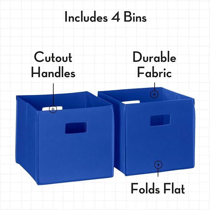 RiverRidge Folding Storage Bins - 4-pack of 10in Tall Blue Cubes | Fabric Bins, Set of 4 Storage Cubes, Cut-out Handles, Playroom Closet Organizer, Collapsible Cubby with Bottom Board Insert