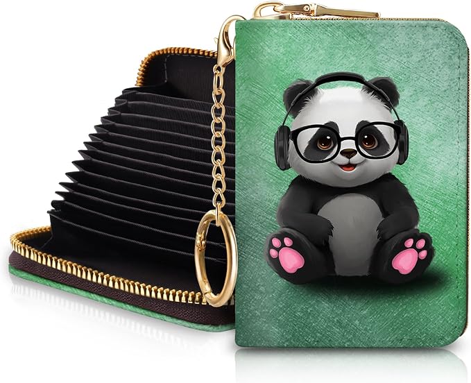 Blusabaca RFID Credit Card Holder Small Women Travel Wallet, Cute Panda | Removable Keychain, Case with Zipper, Vegan PU Leather, Cash Coin Pocket, Business Accordion Purse, Ladies Female Gift
