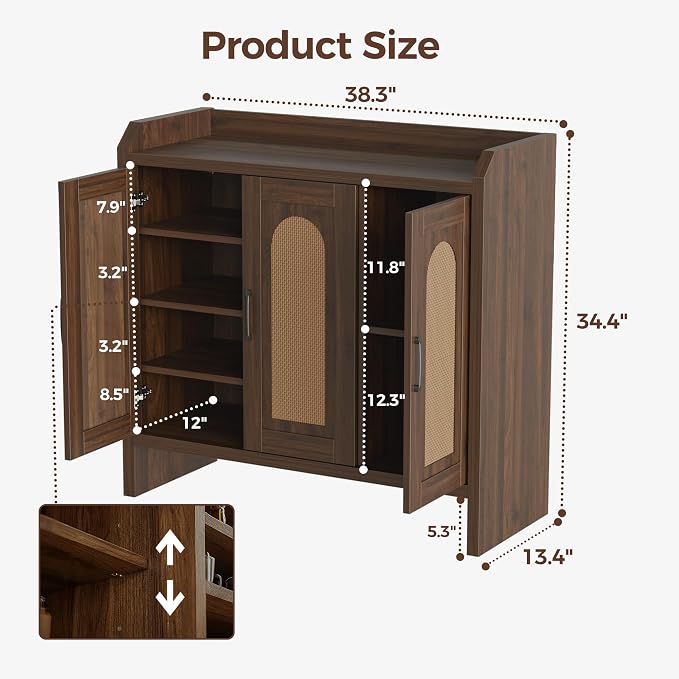 Mericonia Rattan Shoe Storage Cabinet, Farmhouse Shoe Cabinets Storage for Entryway, Boho Wooden Shoe Rack with 3 Doors for Entryway, Hallway (Walnut, 3 Door)