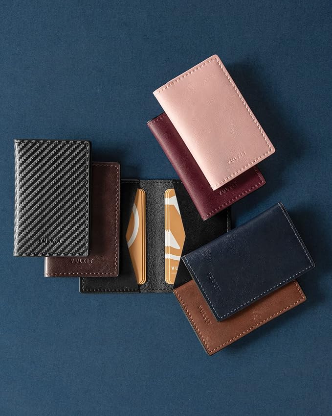 VULKIT Leather Business Card Holder 2 Sided Slim Business Name Card Organizer for Men or Women, Up to hold 20 cards (Vintage Rose)