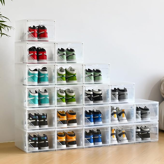 Large Shoe Boxes Clear Plastic Stackable，Drop Front Shoe Box with Clear Door, Shoe Containers For Sneaker Display,Fit up to US Size12 (white clear-Conjoined structure, 10 pack)