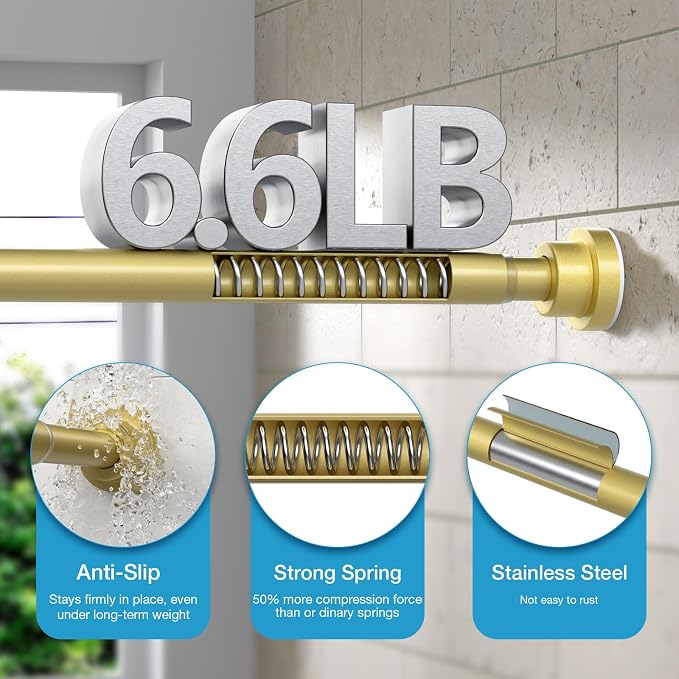 Tension Curtain Rod 31 to 75 Inch Gold Spring Tension Rods for Windows Adjustable Curtain Rod No Drilling Expandable Pressure Curtain Rod Shower Rods for Closets,Bathroom,Kitchen,Doorway