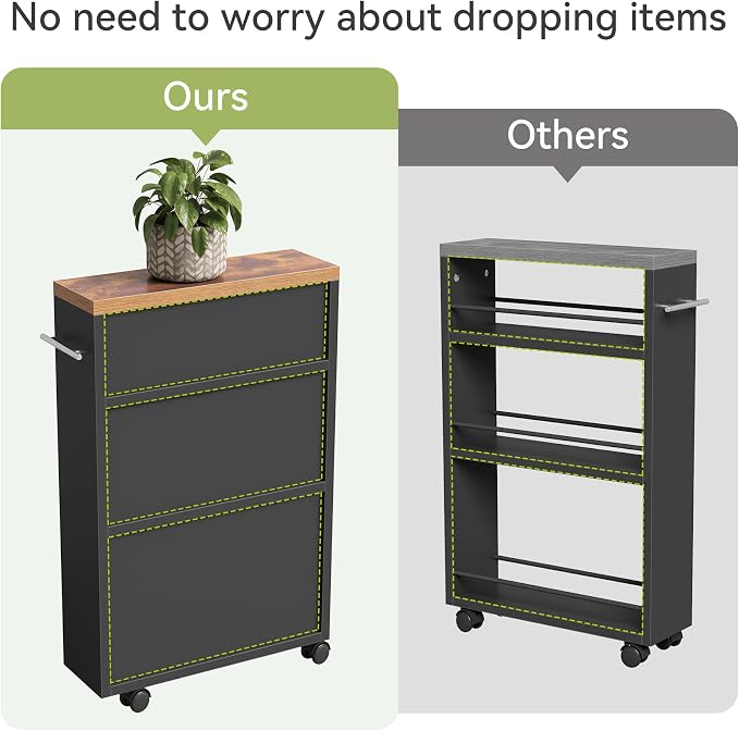 LITTLE TREE Slim Rolling Storage Cart, 3 Tier Snack Cart with Wheels for Kitchen, 6.3 Inch Wide Bathroom Organizer Shelves, Wooden Utility Cart for Laundry Room, Black