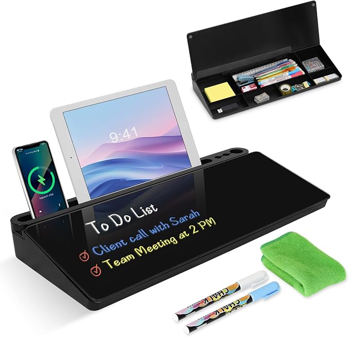 Desktop Glass Whiteboard with Storage, Desk Dry Erase White Board Black | Computer Keyboard Stand, Office Desk Organizers and Accessories with Drawer, To Do Memo Notepad, Home School Supplies