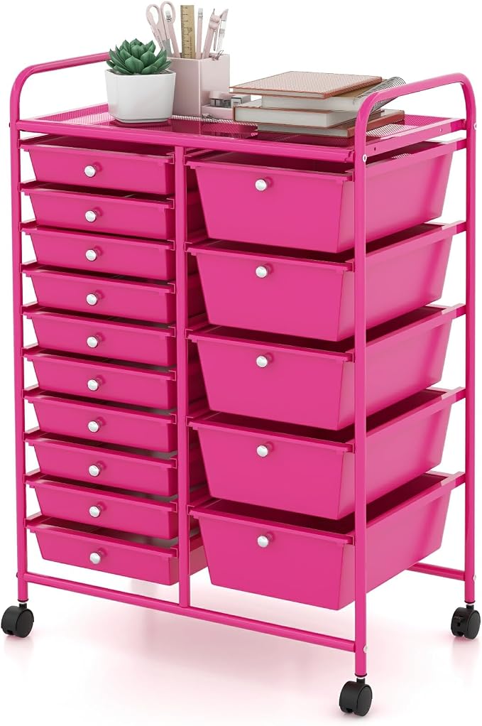 Moccha 15-Drawer Rolling Storage Cart - Under Desk Storage Drawers with wheels for Craft Art Supply Paper Salon, Scrapbook Paper Tools, Mobile Utility Cart for Classroom (15 Drawers, Hot Pink)