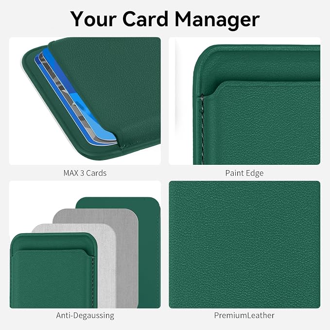 Magnetic Wallet Phone Card Holder for Phone Case with Mag-Safe, Stronger Magnetic RFID Leather Phone Wallet Stick on Series of iPhone 17/16/15/14/13/12 and Pro/Promax, Emerald