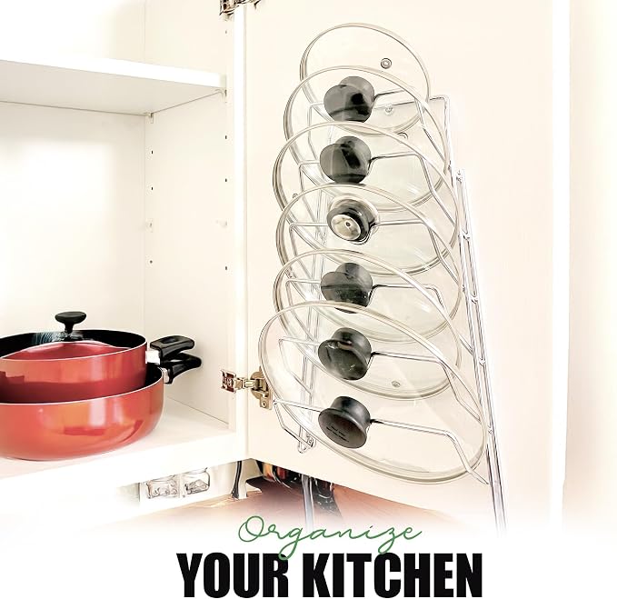 Evelots 6-Tier Pot Lid Organizer for Cabinet Door or Pantry Wall, 6-Slot Pots and Pans Lid Holder Rack, Kitchen Cabinet Storage Organizer for Glass & Metal Pan Covers, Chrome Finish, 1 Pack