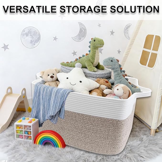 96L XXXLarge Woven Laundry Basket with Sturdy Handles - White/Brown | 24x16x15 Foldable Rectangular Blanket Basket for Toys, Clothes & Pillows,Ideal for Nursery, Bathroom, Bedroom, Living Room