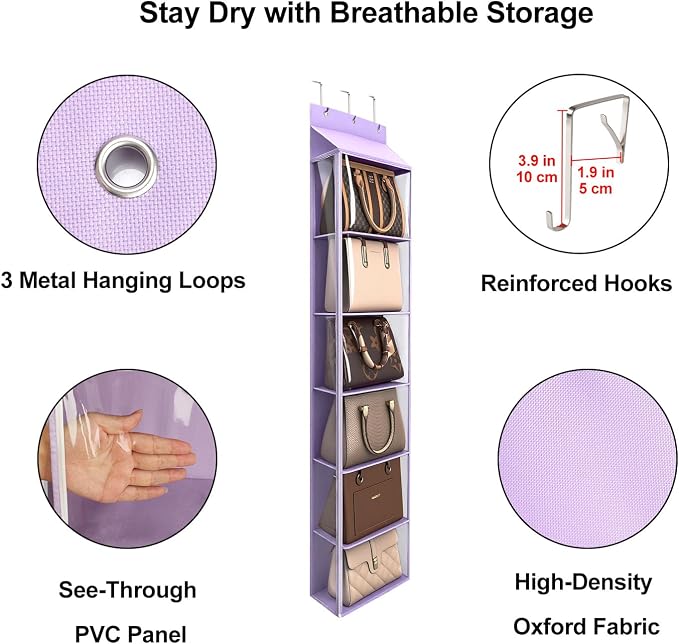 Lirex Over The Door Purse Organizer & Purse Shelf for Closet – Handbag Storage Organizer with Purse Hanger. Perfect for Scarves, Hats, and Leggings. S (11.8'' x 5'' x 51.6''), Purple
