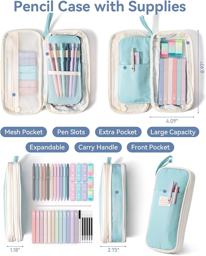 Four Candies 39 PCS Aesthetic School Supplies with Cute Pen Case, 12 Pastel Highlighters, 5 Black Ink Gel Pens, 6 Mechanical Pencils Set for Students Stationary College Essentials (Blue)