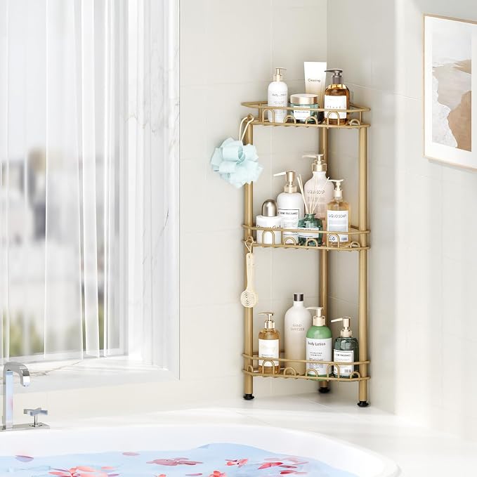SWTYMIKI Standing Shower Caddy Corner - 3‑Tier Stainless Steel Shower Organizer Shelf with 12 Hooks and Adhesive Pads, Rustproof Corner Shelves Stand Rack for Bathroom Shower Room, Gold