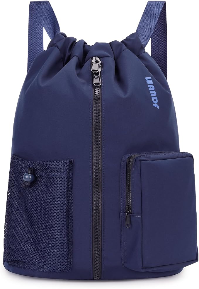 WANDF Drawstring Backpack with Shoe Compartment, Sports Gym Bag | Multi-Pocket Storage, Water-Resistant Fabric, Cinch String Bag