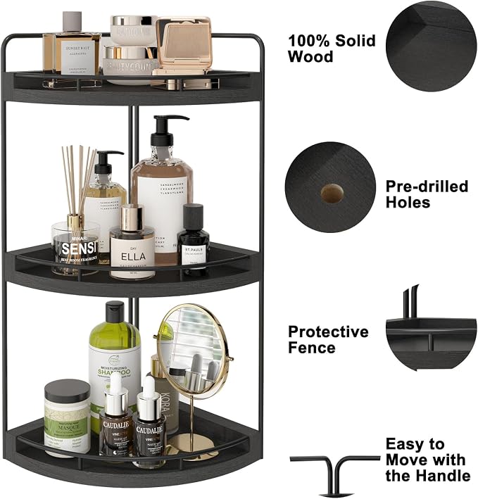 Fixwal Corner Bathroom Counter Organizer, 3 Tier Rustic Bathroom Organizer, Wood Countertop Storage Tray for Vanity, Kitchen, Bedroom (Black)