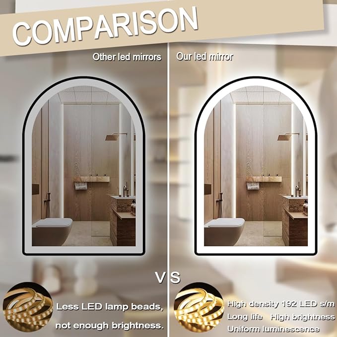 THEKLA 32 x 24 Inch Black Arch Vanity Mirror with Light Black Frame LED Arched Lighted Mirror for Bathroom Wall Mount 3 Color Adjustable Memory Frontlight 32in Black Framed Arch Smart Light up Mirrors