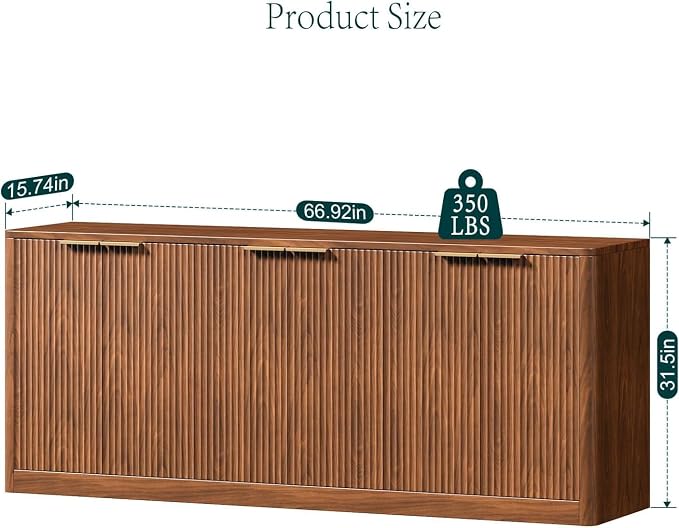 Evermagin 67" Fluted Walnut Buffet Cabinet with Storage | Mid-Century Modern Wood Sideboard, Large Credenza With 6 Doors for Kitchen or Living Room, 67"W x 31.5"H x 15.7"D