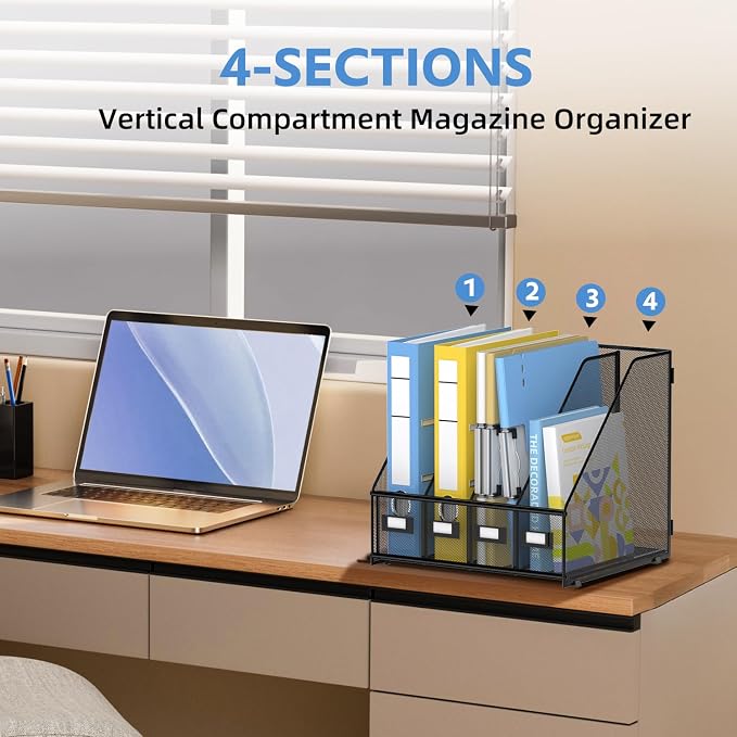 4 Vertical Compartments Magazine File Holder, Metal Binder Organizer, Black | Space-Saving Desktop Storage, Built-In Label Holders, Anti-Slip Feet, Sized for Binders, Folders, Magazines and Files