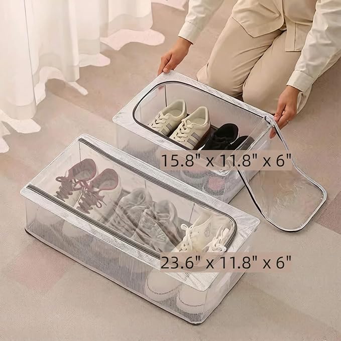 1 Pack Clear Shoe Storage Boxes for Boots Sneaker, 15.8" x 11.8" x 6" | Stackable Closet Organizer Bins, Lids, Metal Frame, Waterproof PVC Cloth