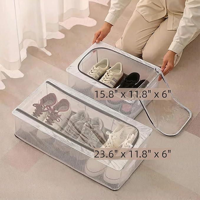 2 Pack Clear Shoe Storage Box for Boot Sneaker, 15.8" x 11.8" x 6" | Stackable Closet Storage Container with Lids, Metal Frame, Waterproof PVC Cloth, for Under-Bed, Bedroom Dormitory
