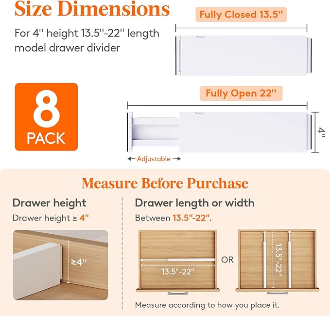 Lifewit 8 Pack 4" High Drawer Dividers 34-56cm/13.5-22" Adjustable Drawer Organizer for Clothes/Utensils, Expandable Drawer Separator in Dresser/Kitchen/Bedroom/Office Organization & Storage White