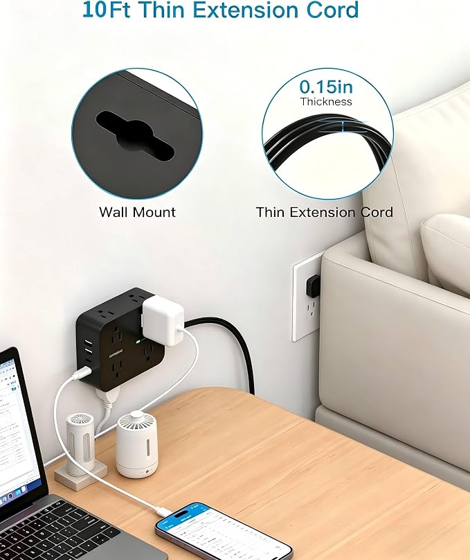 10 Ft Power Strip Flat Plug, Extension Cord Surge Protector with 8 Outlets and 4 USB Ports (2 USB C), Ultra Thin Flat Wall Plug, 1080J Surge Protection, Mountable Charging Station for Dorm, Office