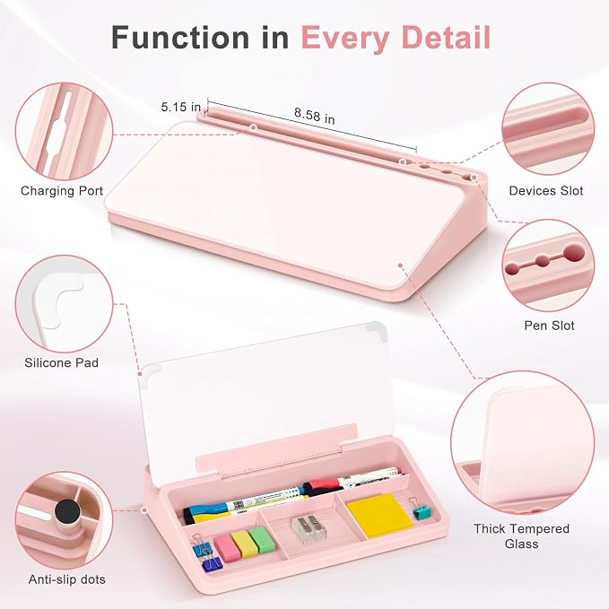 Small Desktop Glass Whiteboard with Storage, Desk White Board Stand Pink | Computer Keyboard Stand, Office Desk Organizers and Accessories with Drawer, To Do Memo Notepad, Home School Supplies