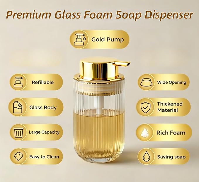 Glass Foaming Soap Dispenser Refillable Foaming Hand Soap Dispenser with Gold Large Pump Wide Opening for Bathroom Kitchen Countertop Modern Home Decor with Elegant Pattern - Clear,415ml