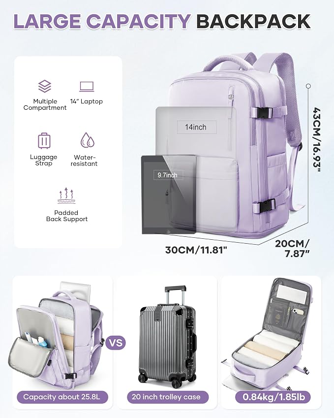 WONHOX Large Travel Backpack Women, Carry On Backpack,Hiking Laptop Backpack Waterproof Outdoor Sports Rucksack Casual Daypack (Purple)